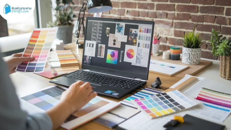 ดีไซเนอร์กำลังออกแบบบรรจุภัณฑ์ด้วยโน้ตบุ๊ก พร้อมตัวอย่างสีและเครื่องมือออกแบบ วางอยู่บนโต๊ะทำงานในบรรยากาศแบบมืออาชีพ