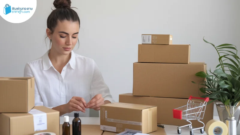 หญิงสาวกำลังจัดเตรียมกล่องพัสดุสำหรับส่งสินค้าในธุรกิจขนาดเล็กบนโต๊ะที่มีกล่องกระดาษและอุปกรณ์การแพ็คสินค้า